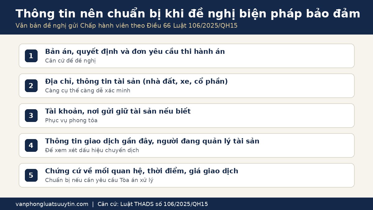 Danh sách thông tin nên chuẩn bị khi đề nghị biện pháp bảo đảm thi hành án chống tẩu tán tài sản