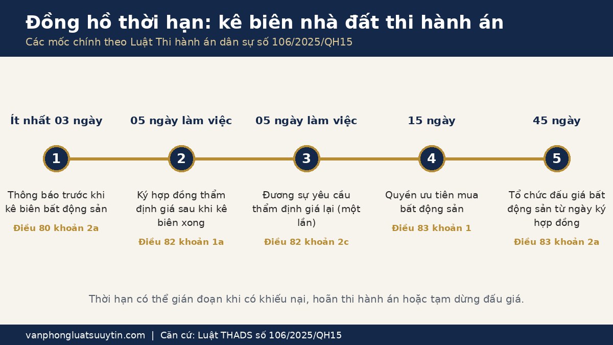 Sơ đồ các mốc thời hạn kê biên nhà đất thi hành án từ thông báo kê biên đến tổ chức đấu giá