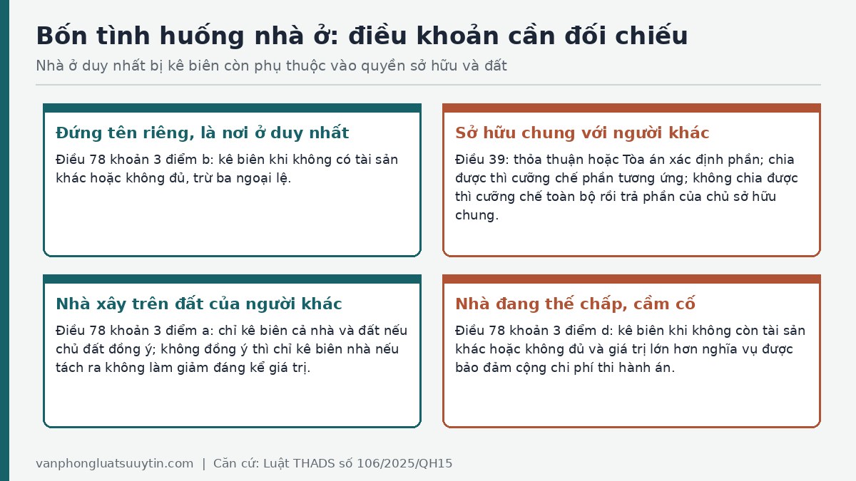 Bảng bốn tình huống nhà ở duy nhất bị kê biên: đứng tên riêng, sở hữu chung, nhà trên đất người khác, nhà thế chấp