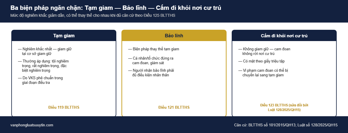 So sánh tạm giam, bảo lĩnh và cấm đi khỏi nơi cư trú theo BLTTHS